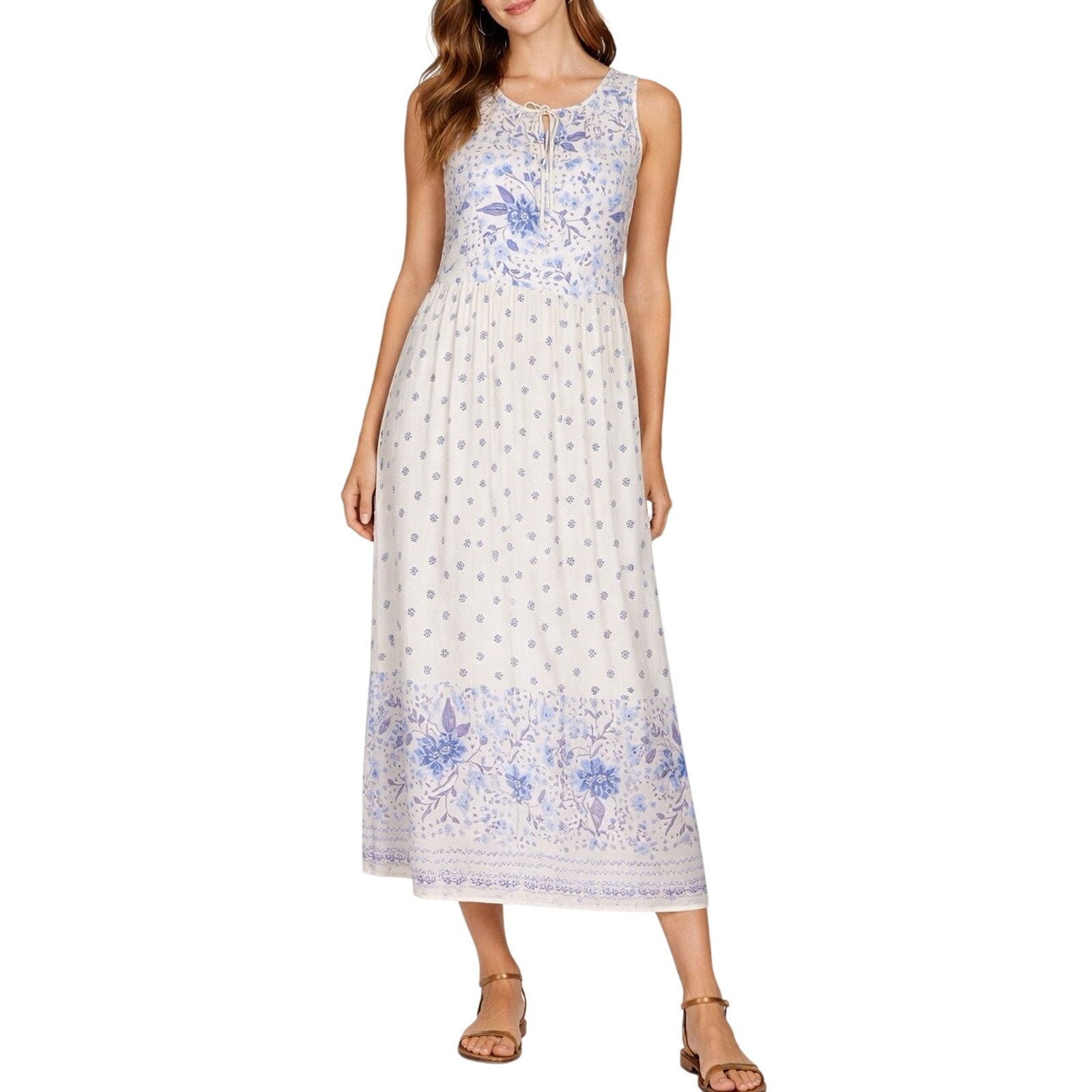 Old Navy Midi Dress Cottage Boho Sleeveless Cream Blue Floral Women’s Size Xl